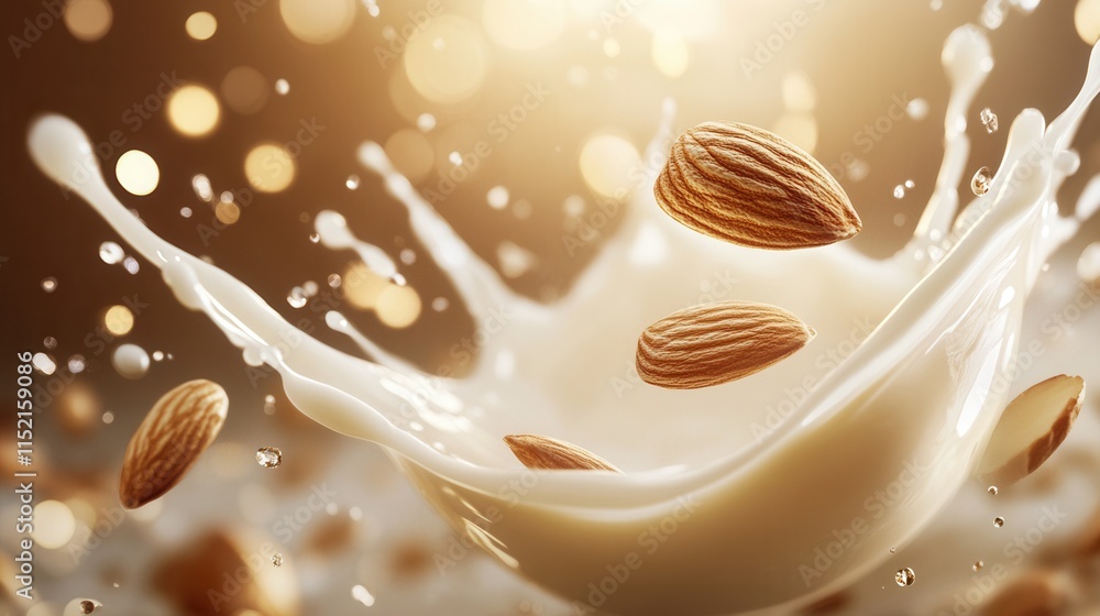 Poster almonds splash into fresh milk creating a dynamic scene of culinary delight indoors with warm lighti