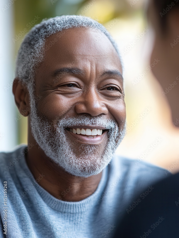 Poster elderly man enjoying conversation with a smiling expression in a cozy indoor setting during daylight