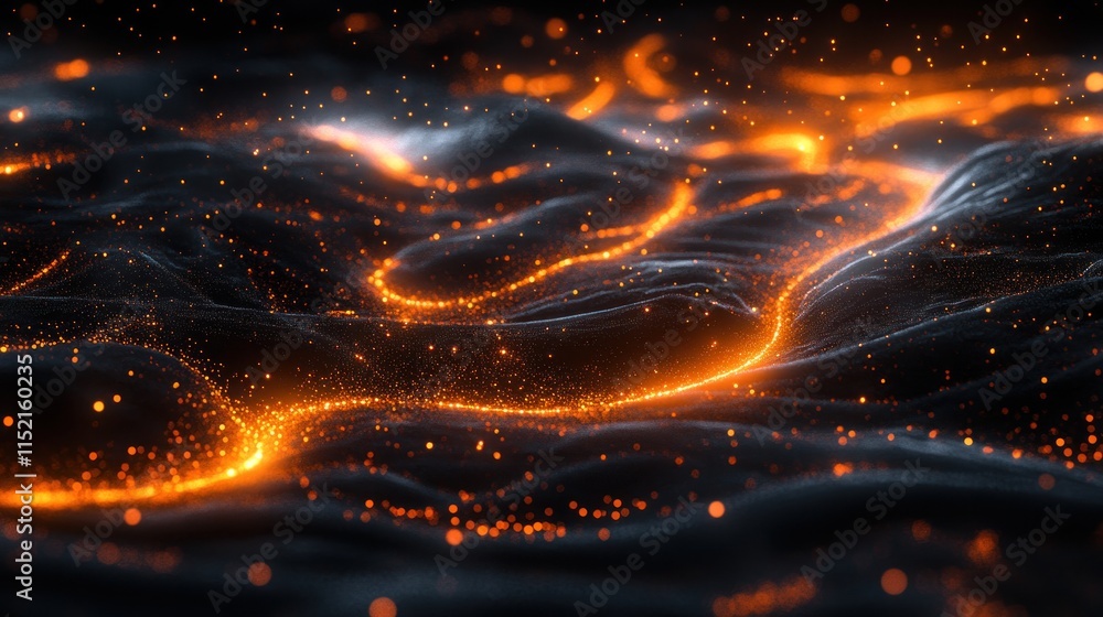 Poster abstract glowing particles forming dynamic wavy lines on dark surface.