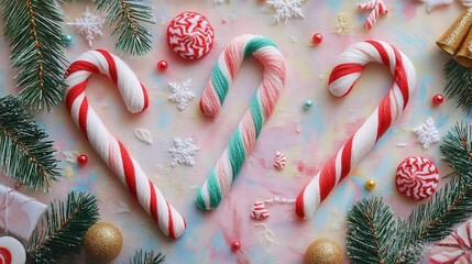 Colorful candy canes and festive decorations create a cheerful holiday atmosphere on a vibrant background