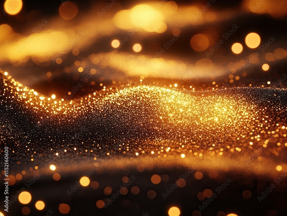 Poster sparkling golden particles create a mesmerizing texture on a dark surface, reminiscent of a flowing 