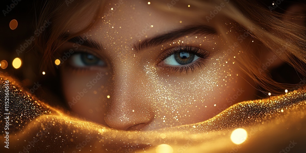 Poster captivating close-up of a woman's eye surrounded by shimmering golden sparkles creating an ethereal 