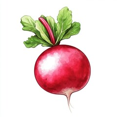A vibrant red radish with green leafy tops against a clean, white background.