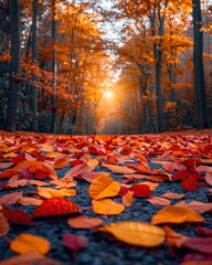 Autumn road with orange leaves, forest and sun.
