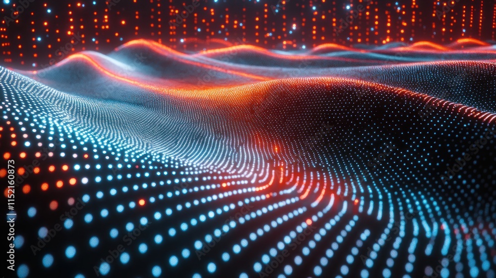 Canvas Prints abstract glowing wave pattern of blue and orange dots on dark background.