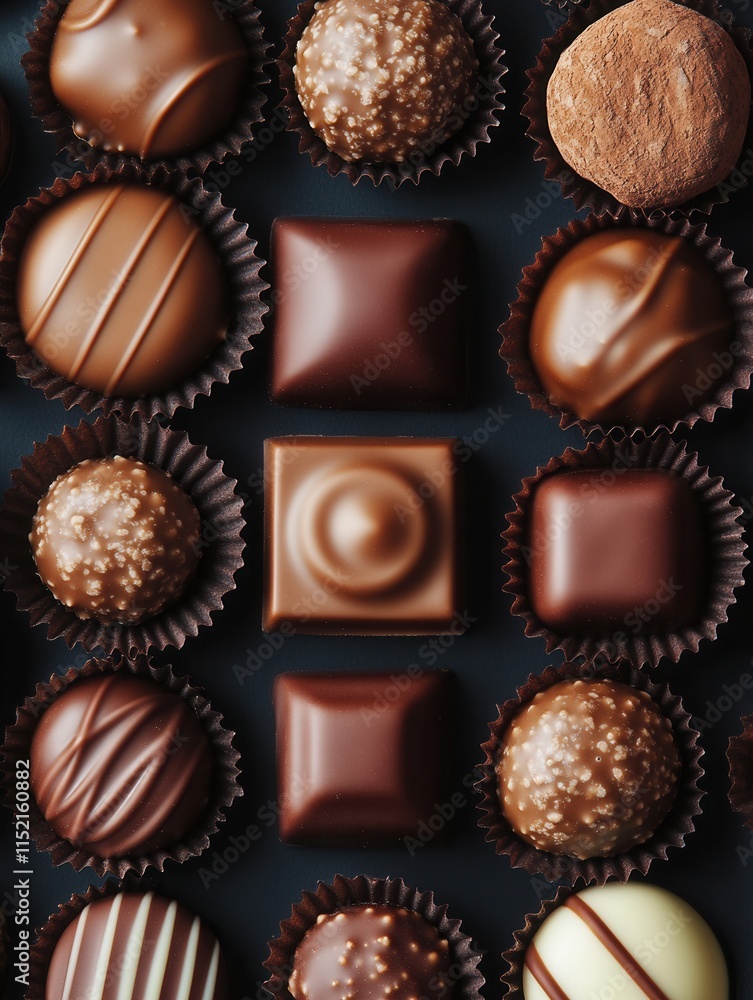 Poster assorted gourmet chocolates arranged on a dark background with various shapes and textures for a del