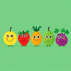 A colorful lineup of cute, cartoon fruits, including a yellow lemon, red strawberry, orange pineapple, green pear, and purple radish.