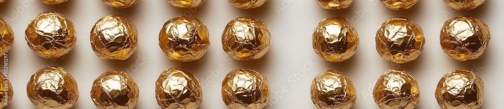 Poster rows of shiny golden balls arranged in a neat pattern on a white background showcasing their vibrant