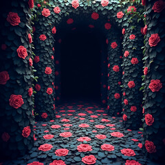A captivating hallway surrounded by dense greenery and blooming roses, leading into a shadowy space with a floor covered in petals.

