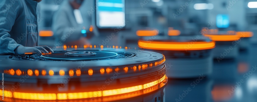 Poster a high-tech laboratory scene featuring illuminated control panels and researchers engaged in advance