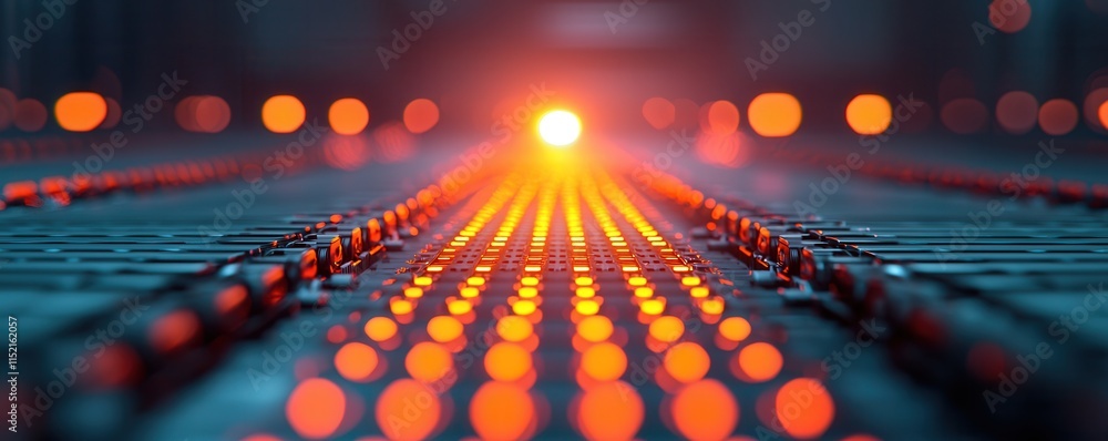 Poster a vivid, abstract image showcasing a pathway of illuminated dots leading towards a bright light sour