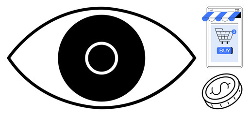 Large eye illustration alongside a digital shopping cart icon and a coin sign. Ideal for vision-related technology, online shopping, e-commerce, digital marketing, financial transactions. Clean