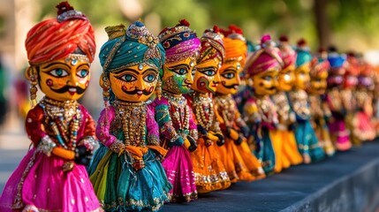 Colorful handcrafted wooden puppets in traditional Rajasthani attire displayed in a row.