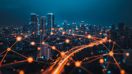 Fototapeta premium Abstract businesswoman stands on the peak of success Smart digital city with connection cyber security network reciprocity over the cityscape future wireless digital city and social media networking