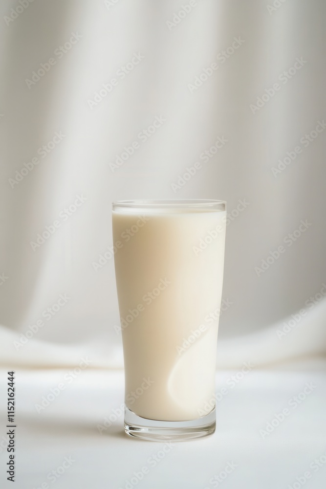 Poster creamy glass of milk placed on a white surface with soft light from the background enhancing its tex