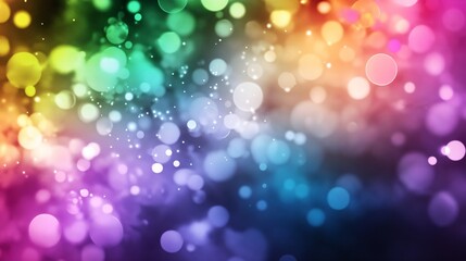 Vibrant abstract bokeh lights in rainbow colors on dark background