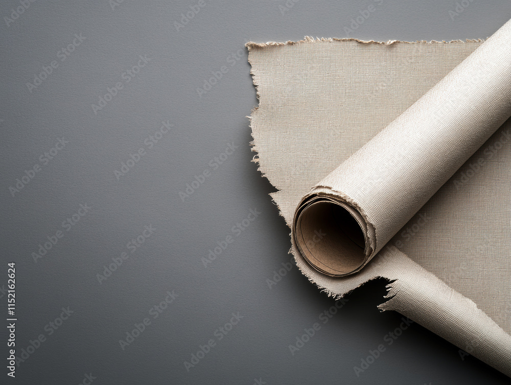 Poster a beautifully rolled beige fabric partially unrolled against a smooth gray backdrop, showcasing its 