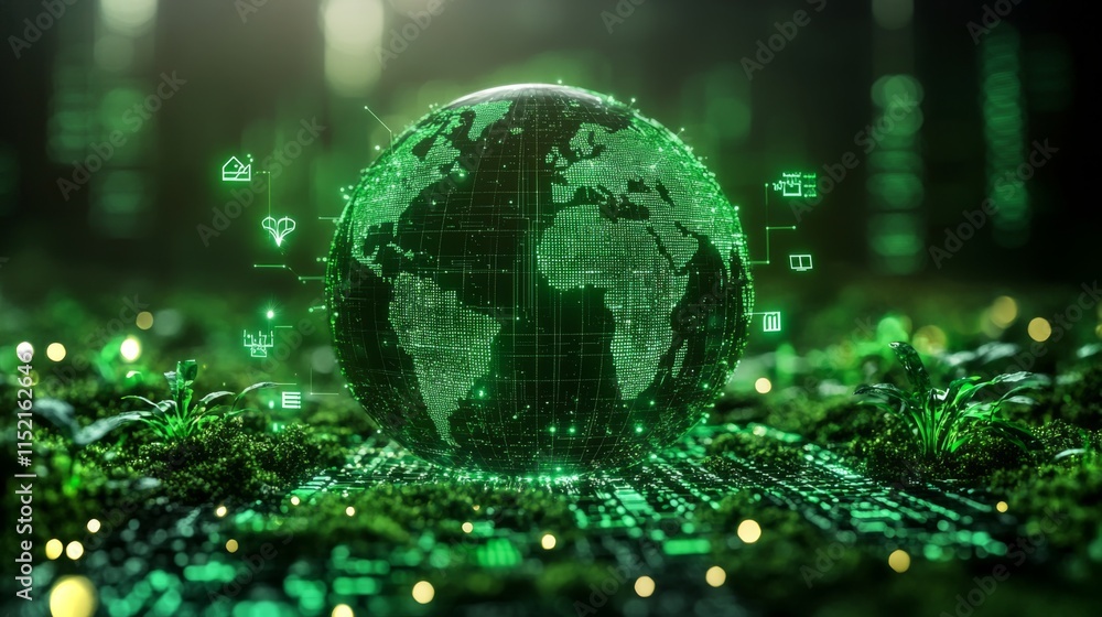 Poster a glowing digital globe is surrounded by lush greenery, illustrating the harmony between technology 