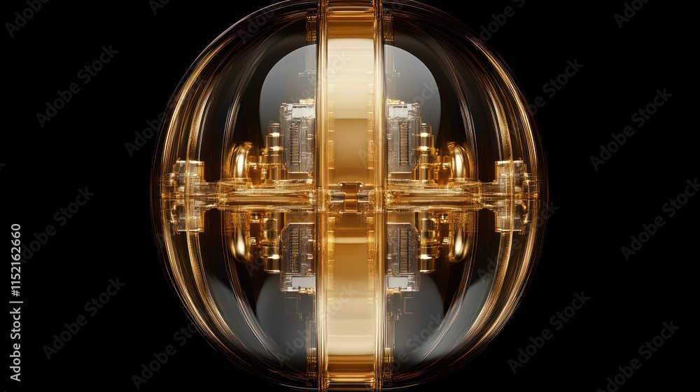 Poster abstract golden sphere with intricate internal mechanism, isolated on black background.