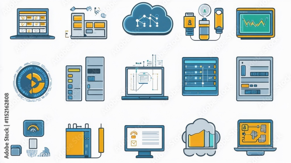Poster a collection of digital icons representing technology and data analysis in a modern, flat design.