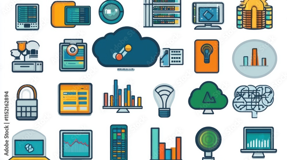 Poster a vibrant collection of digital icons representing technology, data, and cloud computing.