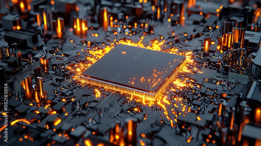 Poster a close-up of a microchip surrounded by glowing circuitry, showcasing advanced technology and intric