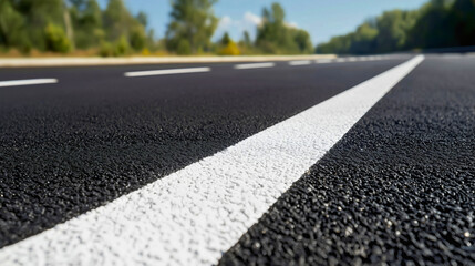 Obraz premium A close-up view of a modern highway stretching into the distance, freshly painted white lane markings gleaming under the afternoon sun.