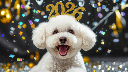 Cute white dog celebrates New Year with festive decor and glittering confetti in a party setting
