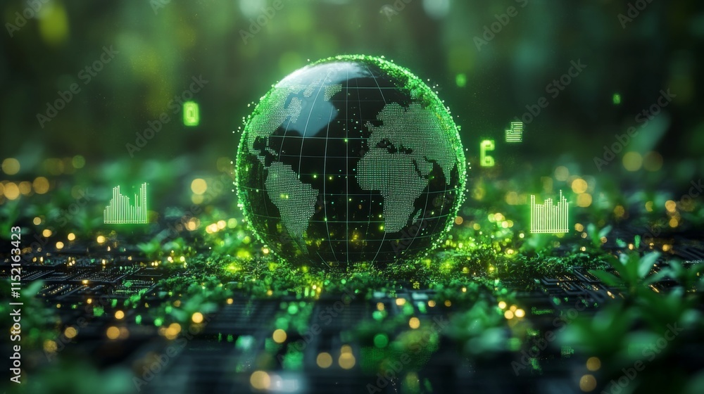 Poster a digital representation of the earth is surrounded by vibrant greenery, showcasing the integration 