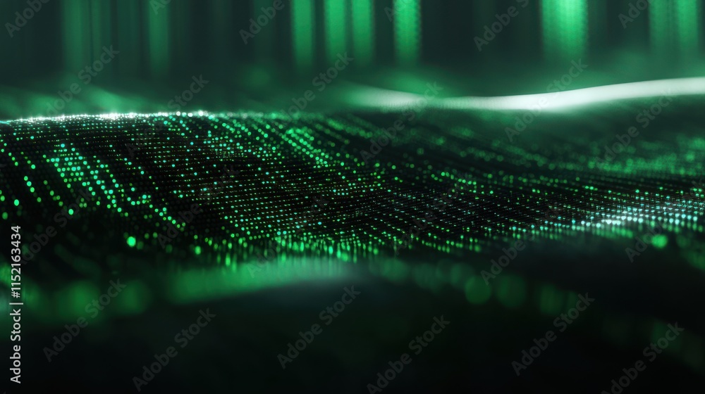 Poster abstract green digital wave background with glowing particles.