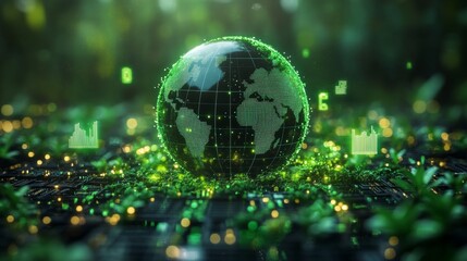A digital representation of the Earth is surrounded by vibrant greenery, showcasing the integration of technology and nature. This visual emphasizes eco-friendly solutions for a sustainable future.