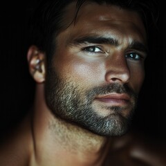 Obraz premium Close-up of a handsome man with strong features and deep blue eyes captured against a dark background showcasing natural masculine beauty