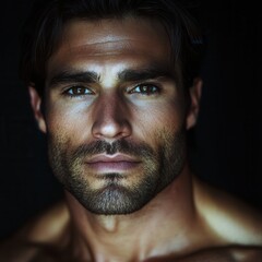 Obraz premium Striking close-up portrait showcasing a muscular man with intense gaze, emphasizing facial features and strong jawline, set against dark background highlighting his expressions