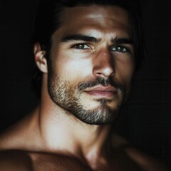 Obraz premium Close-up portrait of a muscular man with striking features and intense green eyes captured under soft lighting