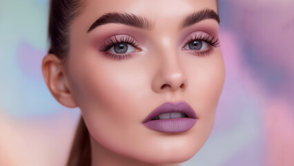 Fototapeta premium Beautiful close-up of a model with lavender lipstick and soft pink eye makeup against a colorful background
