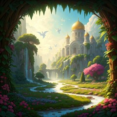 Dreamlike landscape with a golden-domed building seen through a natural archway, waterfalls, winding river, and a bright blue sky.
