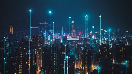 Obraz premium Abstract businesswoman stands on the peak of success Smart digital city with connection cyber security network reciprocity over the cityscape future wireless digital city and social media networking