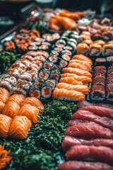 Fototapeta premium Fresh Sushi Platter, A Variety of Rolls and Sashimi, Japanese Cuisine, Buffet, Culinary Delights