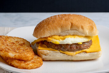 fried egg sausage patty breakfast sandwich,