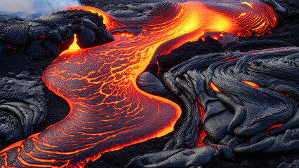 Lava flows steadily over rocky terrain in an active volcanic region at night
