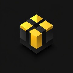Fototapeta premium Abstract isometric cube with gold and black design elements.