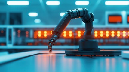Fototapeta premium A robotic arm operates in a futuristic setting, highlighted by glowing lights, showcasing advanced automation technology in a manufacturing environment.