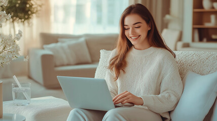 Obraz premium Smiling Woman Working on Laptop in Cozy Home Office