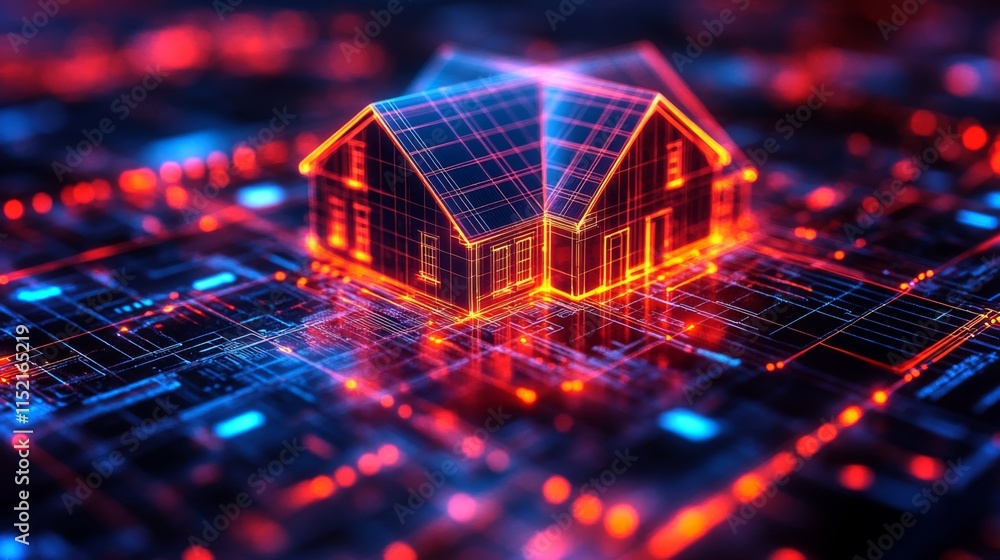 Poster a futuristic house design appears in bright neon colors, set against a digital landscape filled with