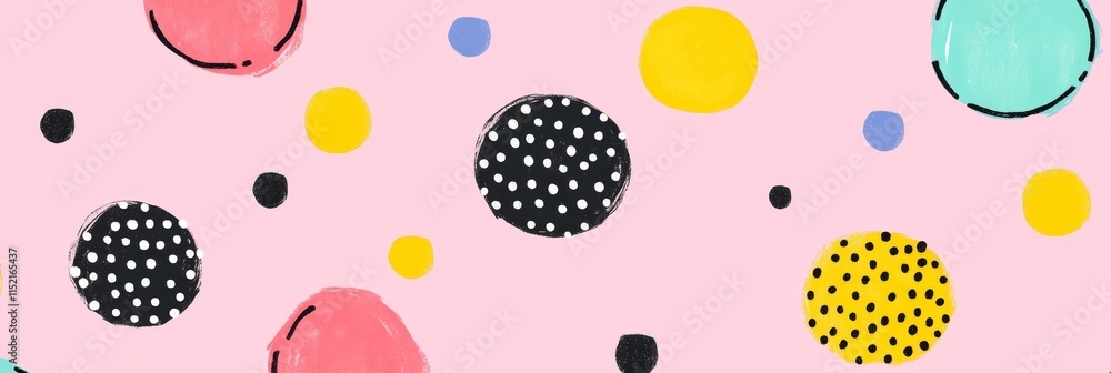 Poster pink background with colorful circles and dots, playful and vibrant abstract design element