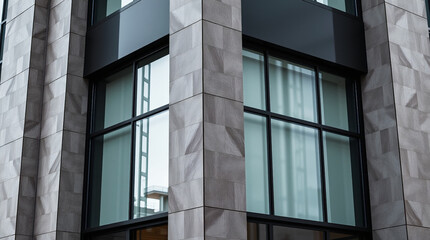Obraz premium Modern Building Corner with Stone Cladding and Multi-Pane Windows