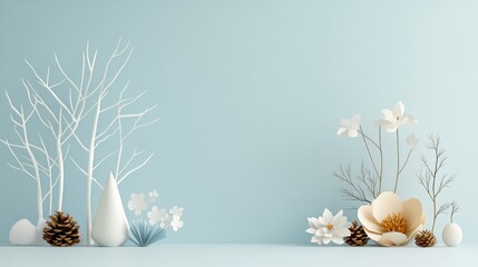 Delicate Winter Wonderland Scene - Winter scene with white trees, flowers, pinecones, and a minimalist vase.  Symbolizes serenity, purity, nature's beauty, winter charm, and simple elegance.