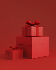 Obraz premium Three vibrant red gift boxes stacked together, adorned with matching bows, set against a deep red background.
