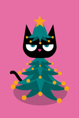 Charming black cat dressed in a Christmas tree costume, bringing a whimsical and festive vibe to holiday themed designs. Perfect for adding joy and humor to Christmas visuals with a playful twist. 
