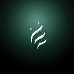 Obraz premium Abstract logo design with three stylized white flames and two stars on a dark green background.